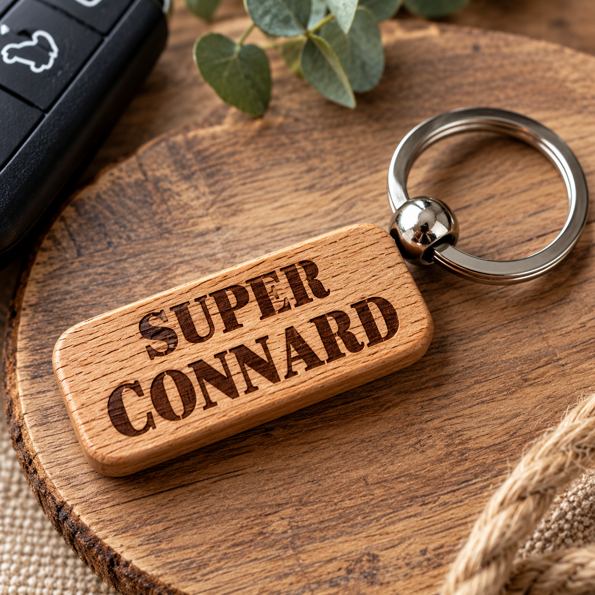 Porte-clé en bois gravé – Super Connard