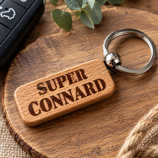 Porte-clé en bois gravé – Super Connard