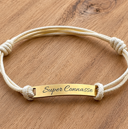 Bracelet gravé “Super Connasse” – Bracelet à message doré